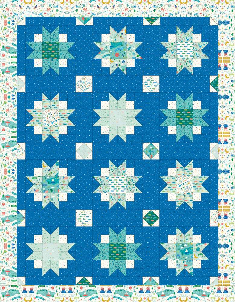 Moon Blossom Quilt Downloadable Pattern shown in Brave Your Way fabrics