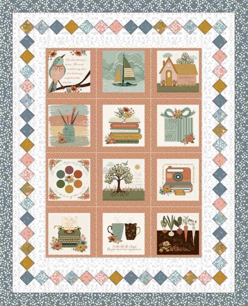 Worth Repeating Panel Quilt FREE Downloadable Pattern shown in Petals & Hazel fabrics