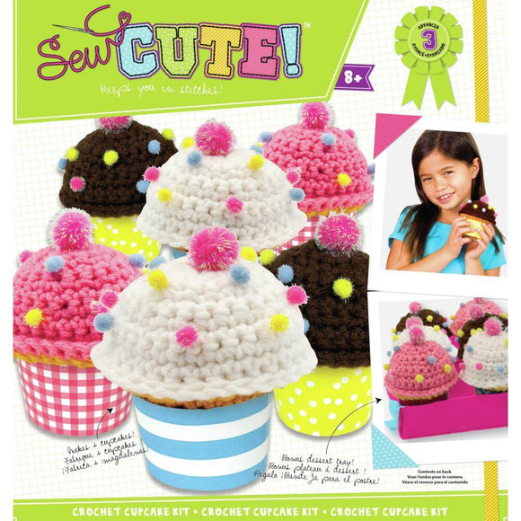 Sew Cute Cupcake crochet kit box front, showing finished cupcakes