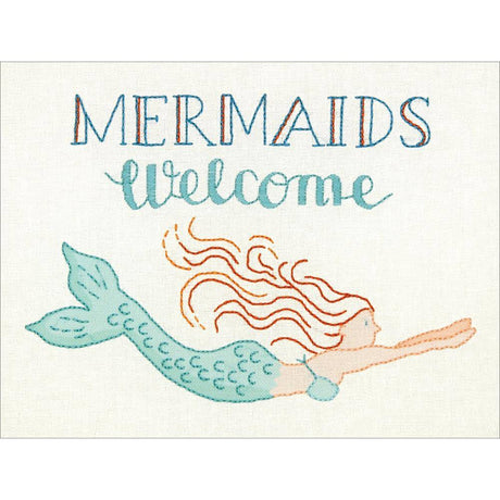 Finished product of Mermaids Welcome Embroidery kit with thread, fabric, needle and instructions