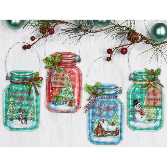 Christmas Jar ornaments made from cross stitch kit with 4 different holiday jars