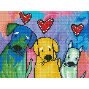 Finished product of Three Amigos Diamond Dotz kits of three colorful dogs with hearts