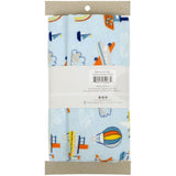 Back of package for Adventure Travel 1 yard of precut fabric. Blue fabric, airplnes, hot air balloons, rainbows, boats, clouds