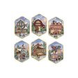 Set of 6 Christmas village ornaments made with cross stitch kit