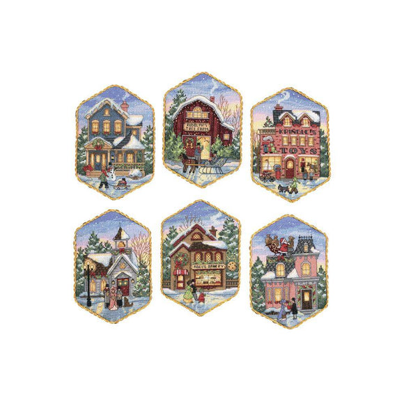 Set of 6 Christmas village ornaments made with cross stitch kit