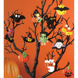 Halloween ornaments made with felt applique kit - bat, shoe, pumpkin, witch hat, witch, frankenstein, black cat, bat on moon, candy corn, dracula vampire, boo ghost, and jack o lantern shown