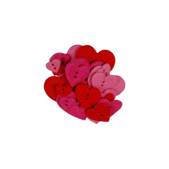 Felt heart buttons in pink and red, various sizes, each with 2 holes