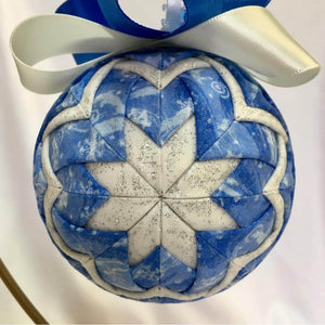 Blue and white no sew ball Christmas ornament, no sewing required