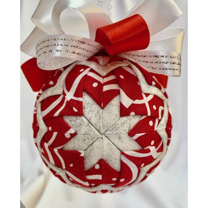 Peppermint candy themed red and white no-sew Christmas ornament with ribbon