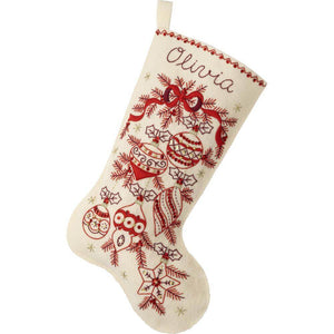 Classic Christmas stocking from a kit with white background and ornament design, and personalization