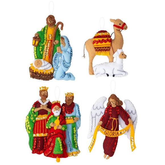 Felt applique ornament kit with Mary, Joseph & Jesus, a camel and lamb, three wise men, and an angel