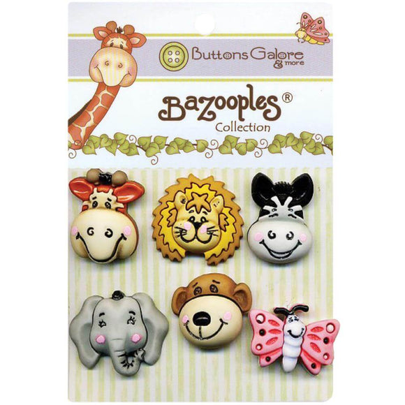 Animal themed buttons including a giraffe, lion, zebra, elephant, monkey, and butterfly