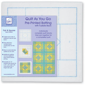 Quilt As You Go Pre-Printed Batting with Fusible Back, front  of package. "Fair & Square" pattern in shades of blue, green and yellow