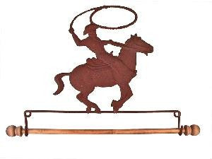 7-1/2in Rusty Tin Cowboy On Horse Fabric Holder