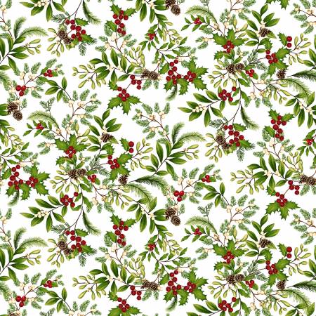 Cream Holly & Mistletoe Fabric by Henry Glass