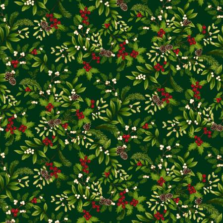 Green Holly & Mistletoe Fabric by Henry Glass