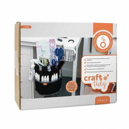 The Craft Tidy is an amazing product that combines a metal cup holder and easy-clip craft storage tote and mini trash bin all in one.