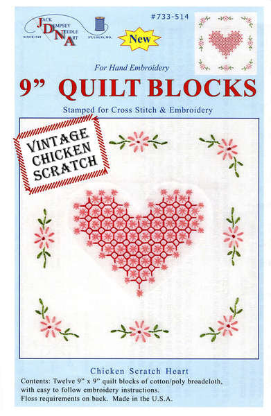 Chicken Scratch Hearts Quilt Blocks 9in