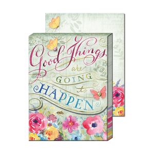 Good Things are Going to Happen pocket notepad. Small size, with the saying on the front and a floral design. Accented with gems and gold foil. Notepaper inside