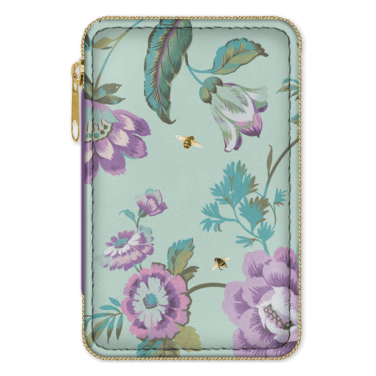 Mint green sewing kit with flowers and bees. Gold zipper closure