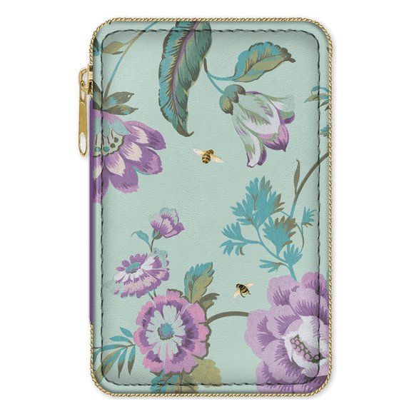 Mint green sewing kit with flowers and bees. Gold zipper closure