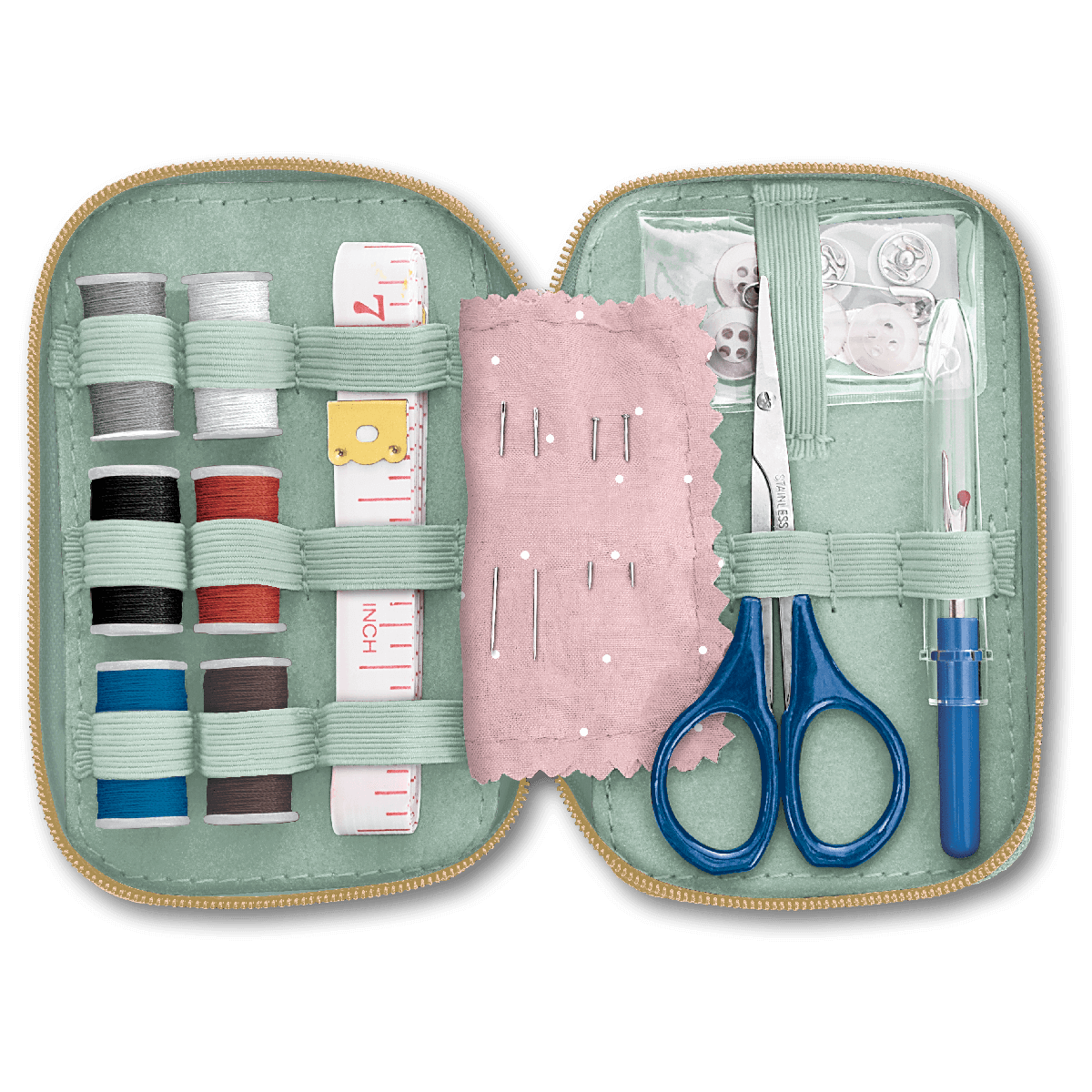Inside of open sewing kit with thread, needles, scissors, and other necessities