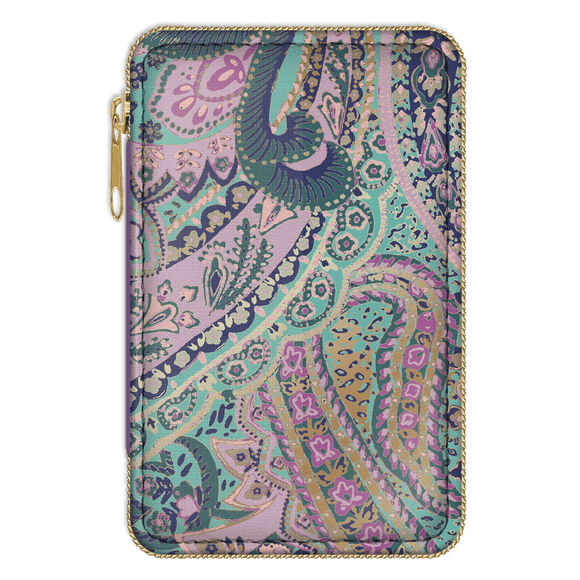 Purple and teal and gold paisley sewing kit with gold zipper case