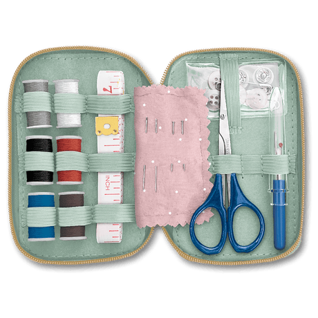 Open sewing kit with needles, thread, scissors, and other necessities