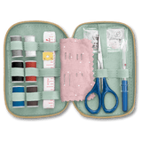 Open sewing kit with needles, thread, scissors, and other necessities