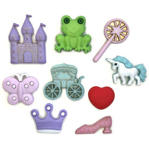 Fairy tale button set with castle, frog, wand, butterfly, carriage, unicorn, heart, shoe, and crown