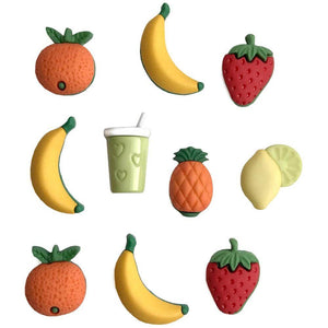 Fruit themed buttons with oranges, bananas, strawberries, pineapple, lemon, and a smoothie