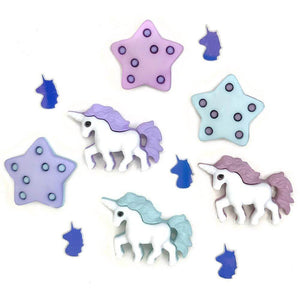 Fairy tale button pack with unicorns and stars in pink, purple, and aqua