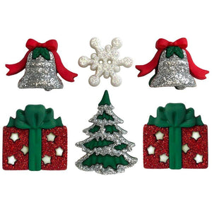 Sparkly Christmas buttons with bells, presents, a tree and a snowflake