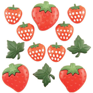Strawberry and leaf buttons in a variety of sizes