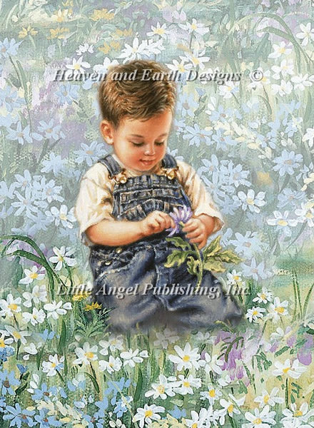 Boy With Daisies Cross Stitch By Dona Gelsinger