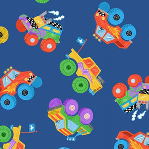 Blue Cute Toy Tossed Monster Trucks Fabric by Timeless Treasures