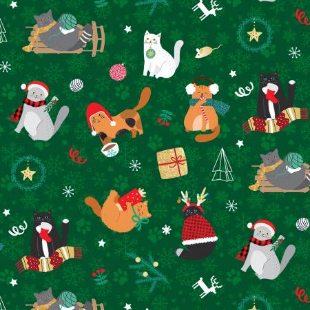 Green Kitties Christmas Fabric by P & B Textiles