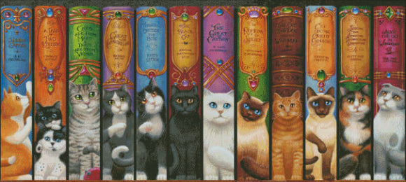 Cat Bookshelf Cross Stitch by Randal Spangler