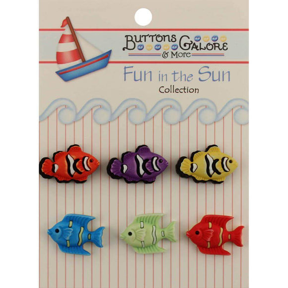 Colorful exotic fish buttons in orange, purple, yellow, blue, green, and red