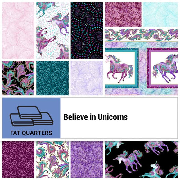 Fat Quarter bundle with Unicorn theme and lots of purples, teal, and blue