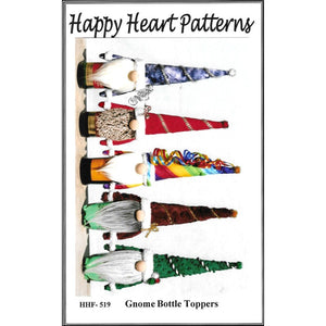 Gnome Bottle toppers by Happy Heart Patterns showing 5 gnomes