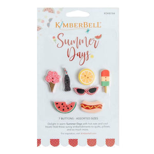 Kimberbell Summer Days buttons with ice cream, soda, lemon, sunglasses, popsicle, watermelon, and hot dog