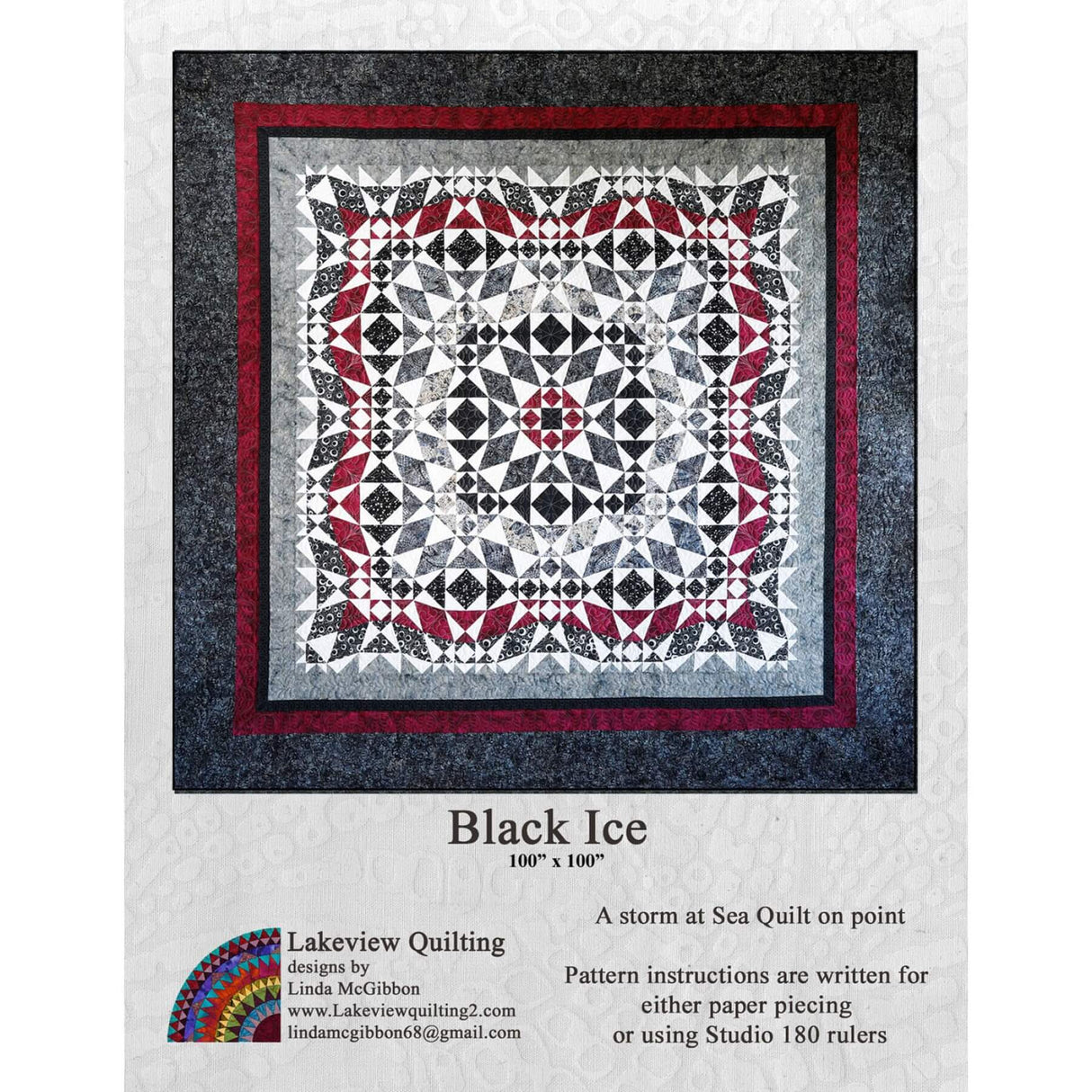 Black Ice quilt pattern shown in red, grey, black and white fabrics