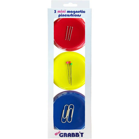 set of 3 colorful magnetic pincushions shown in red, yellow and blue. Mini Grabbit