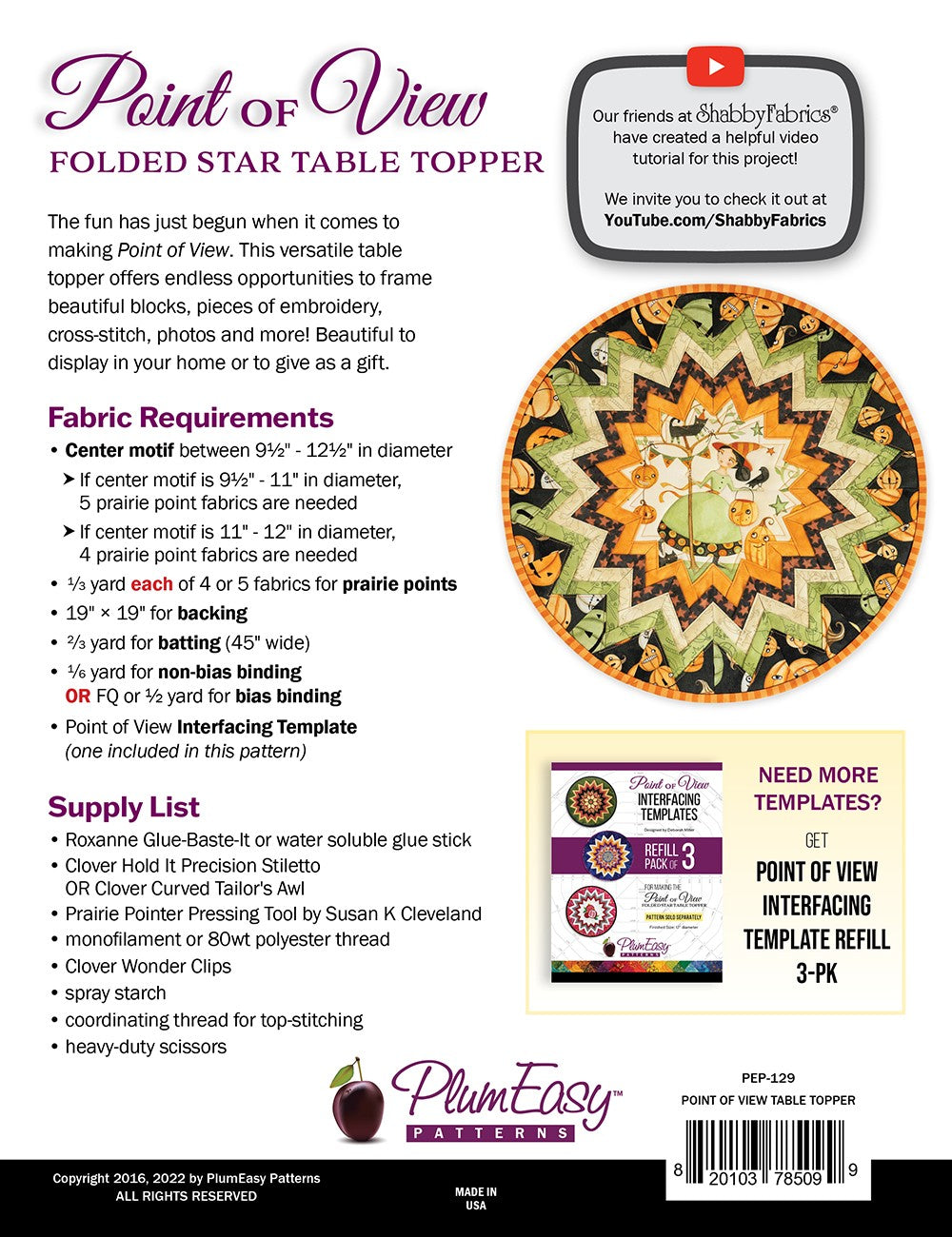 Back of the Point of View Folded Star Table Topper Pattern and Interfacing by PlumEasy Patterns