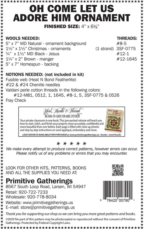 Back of the Oh Come Let Us Adore Him Ornament Pattern by Primitive Gatherings