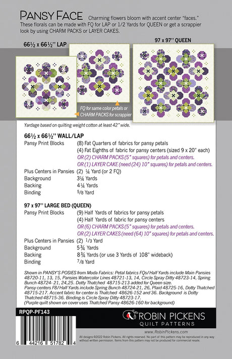 Back of the Pansy Face Quilt Pattern by Robin Pickens, Inc