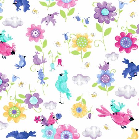 White Birds and Flowers Fabric by Susybee