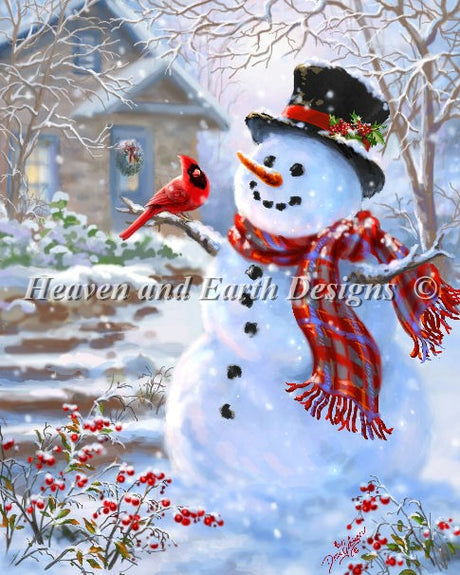 Snowman and Feathered Friend Cross Stitch By Dona Gelsinger