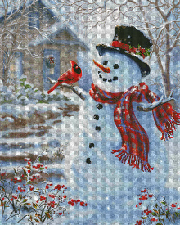 Snowman and Feathered Friend Cross Stitch By Dona Gelsinger